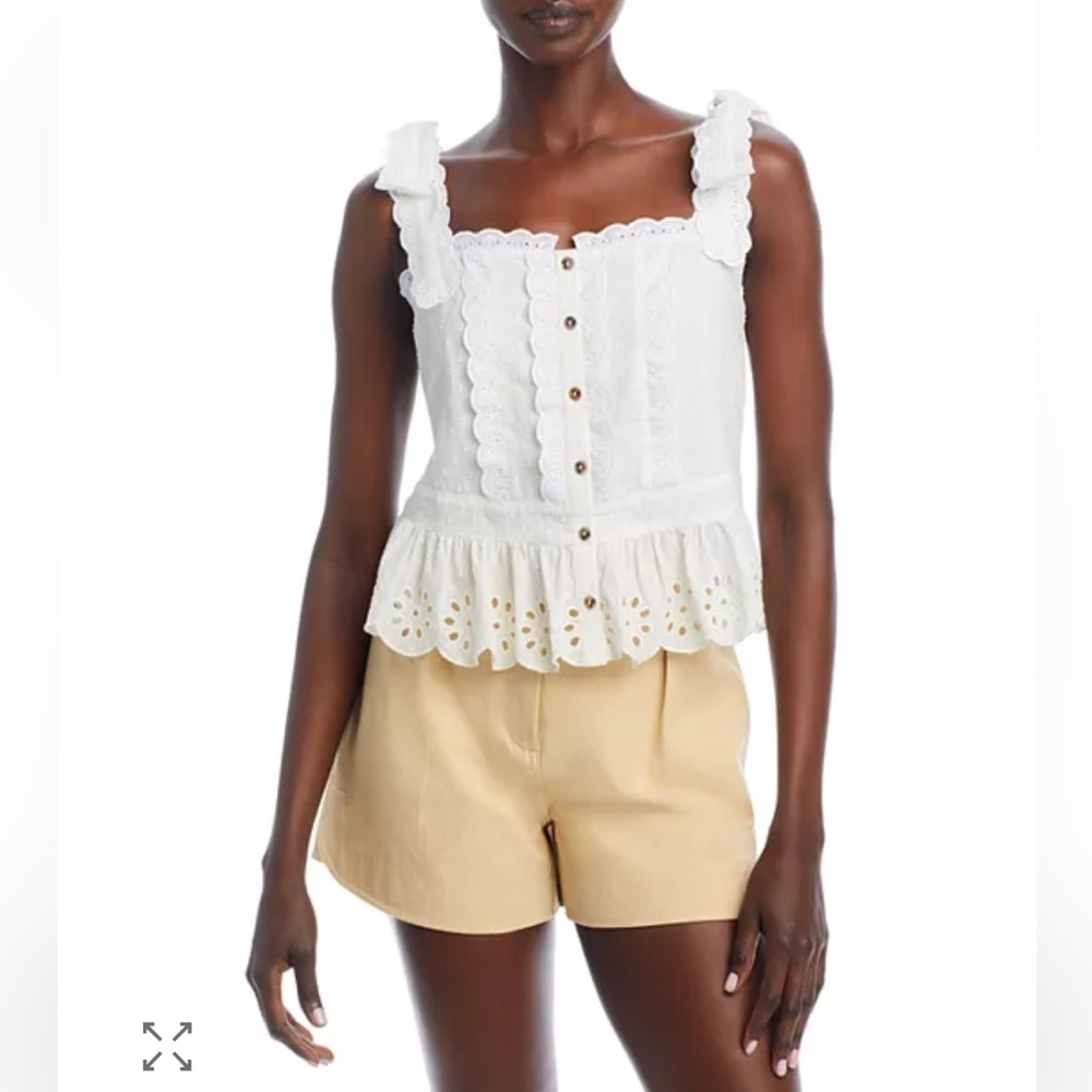 NWT Farm Rio Scalloped Eyelet Tie Shoulder Cotton Button Down Tank - M